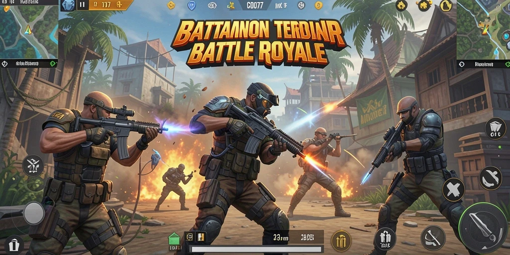 Tampilan gameplay C0077 dengan aksi Battle Royale yang mendebarkan.