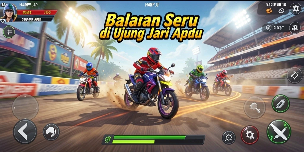 Tangkapan layar gameplay HARAPJP dengan balapan yang mendebarkan.