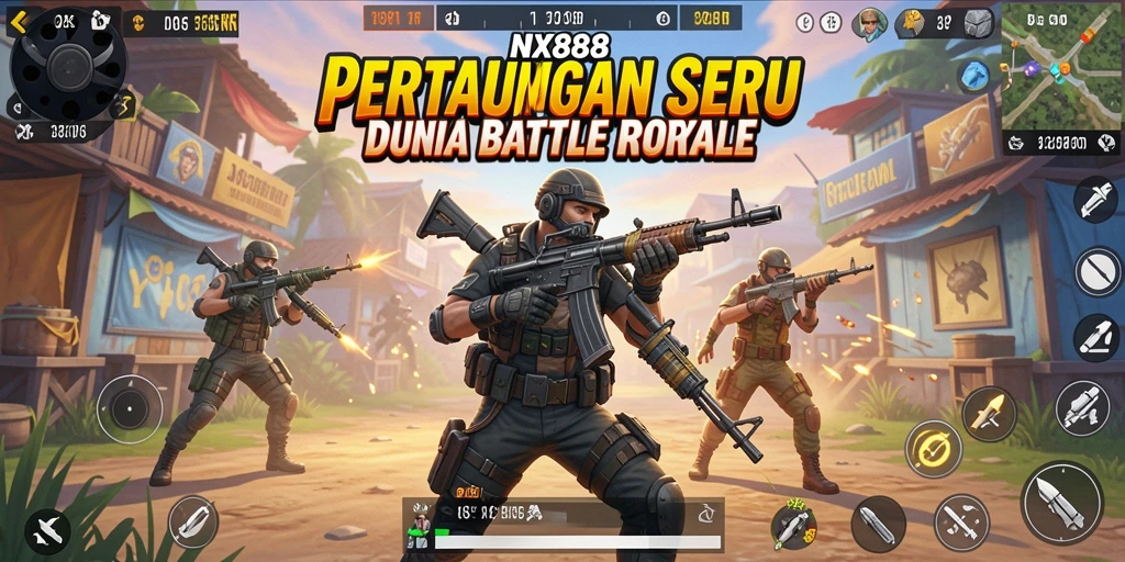 Screenshot utama NX888 dengan aksi pertarungan Battle Royale yang mendebarkan.
